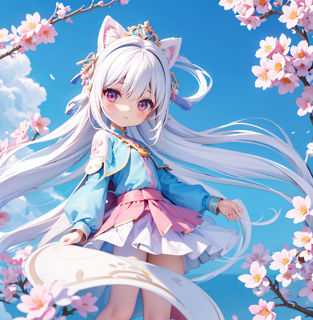Cute anime chibi girl with white hair and pink flowers on head wearing a blue cape holding a shield which a has chibi boy with white hair and cat airs tied to it.