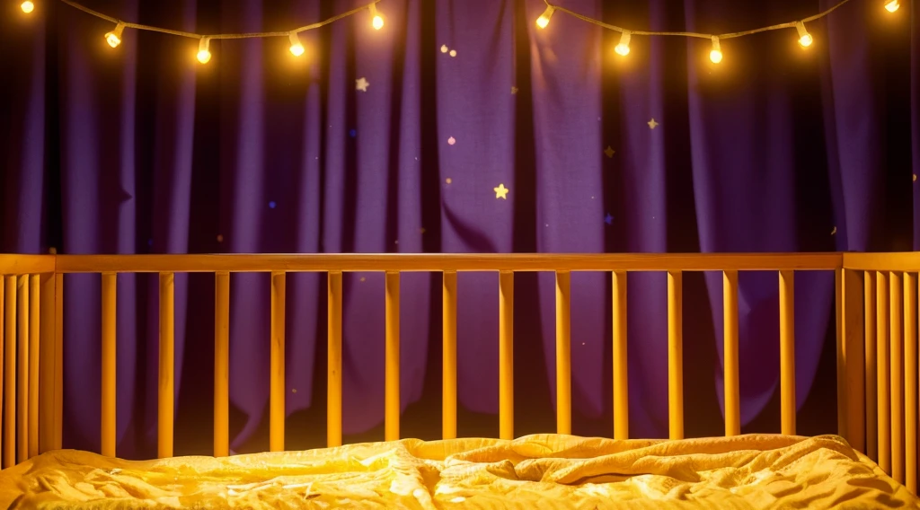 This image portrays a cozy and whimsical scene within a child's crib. The crib, with its warm orange and yellow wooden bars, stands against a vibrant backdrop of deep purple curtains adorned with stars. Strung across the top are charming yellow fairy lights, adding a magical and soothing ambiance. The crib bedding is a plush golden blanket, inviting and soft, suggesting a comfortable and secure resting place for a . This setting exudes a sense of warmth and safety, ideal for a child's imaginative and peaceful slumber. This image portrays a cozy and whimsical scene within a child's crib. The crib, with its warm orange and yellow wooden bars, stands against a vibrant backdrop of deep purple curtains adorned with stars. Strung across the top are charming yellow fairy lights, adding a magical and soothing ambiance. The crib bedding is a plush golden blanket, inviting and soft, suggesting a comfortable and secure resting place for a . This setting exudes a sense of warmth and safety, ideal for a child's imaginative and peaceful slumber. аffects render, (glossy plastic texture with multiple big light probe refractions), perfect cgi, smooth silhouette, high intensity refraction, (super glossy plastic material), most beautiful vfx, , realistic, 4k, high resolution, rim light, smooth 3d model, multiple light sources, rim light, sharp post effects render,, realistic, 4k, high resolution, rim light detailed digital art, reflective, best quality, 4k, masterpiece:1.2, ultra-detailed, realistic, vivid colors, The image of the highest quality, ensuring every detail showcased perfectly. It in 4k resolution, allowing viewers to immerse themselves in the richness of the colors and intricate details. The realistic rendering. under the spotlight, reflecting, high-resolution image, realistic rendering