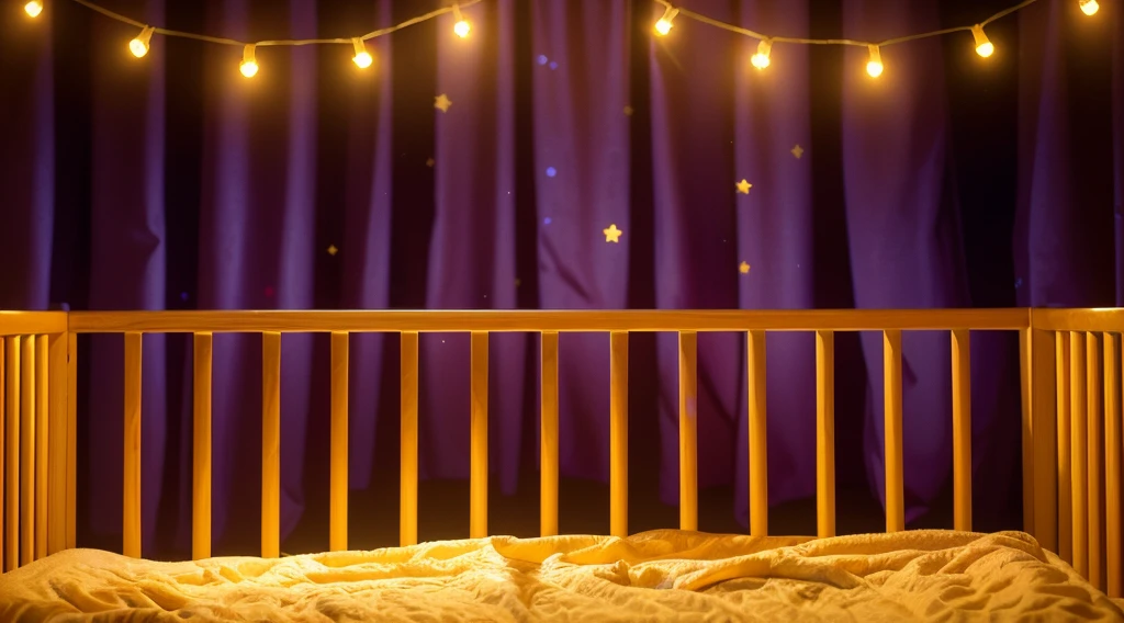 This image portrays a cozy and whimsical scene within a child's crib. The crib, with its warm orange and yellow wooden bars, stands against a vibrant backdrop of deep purple curtains adorned with stars. Strung across the top are charming yellow fairy lights, adding a magical and soothing ambiance. The crib bedding is a plush golden blanket, inviting and soft, suggesting a comfortable and secure resting place for a . This setting exudes a sense of warmth and safety, ideal for a child's imaginative and peaceful slumber. This image portrays a cozy and whimsical scene within a child's crib. The crib, with its warm orange and yellow wooden bars, stands against a vibrant backdrop of deep purple curtains adorned with stars. Strung across the top are charming yellow fairy lights, adding a magical and soothing ambiance. The crib bedding is a plush golden blanket, inviting and soft, suggesting a comfortable and secure resting place for a . This setting exudes a sense of warmth and safety, ideal for a child's imaginative and peaceful slumber. аffects render, (glossy plastic texture with multiple big light probe refractions), perfect cgi, smooth silhouette, high intensity refraction, (super glossy plastic material), most beautiful vfx, , realistic, 4k, high resolution, rim light, smooth 3d model, multiple light sources, rim light, sharp post effects render,, realistic, 4k, high resolution, rim light detailed digital art, reflective, best quality, 4k, masterpiece:1.2, ultra-detailed, realistic, vivid colors, The image of the highest quality, ensuring every detail showcased perfectly. It in 4k resolution, allowing viewers to immerse themselves in the richness of the colors and intricate details. The realistic rendering. under the spotlight, reflecting, high-resolution image, realistic rendering