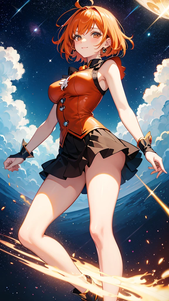 Magical girl　Orange bob hair　Black costume　mini skirt　Medium sized breasts　16 years old　A relaxed expression　universe space