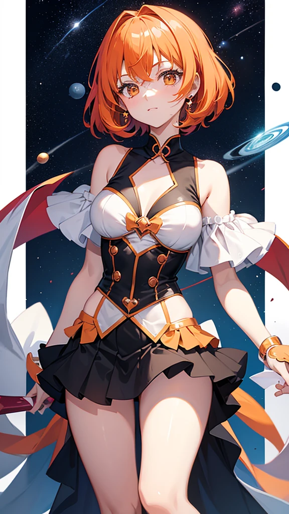 Magical girl　Orange bob hair　Black costume　mini skirt　Medium sized breasts　16 years old　A relaxed expression　universe space