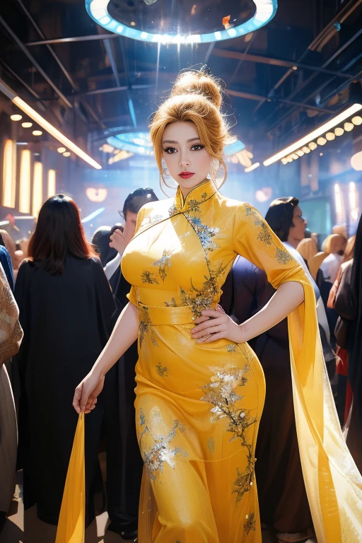 realisticlying, A high resolution, 1 rapariga, yellow color hair, korean people, eBlue eyes, The transparent cheongsam is flying，Sheer tight-fitting garments，Beads of sweat dripped down the buttocks，Large chest，Wide buttock， your ass，Butt visible，Visible on the back，buttocks visible，Ass pouted，wide wide shot，Cinema lenses，The skin glows，space ship，