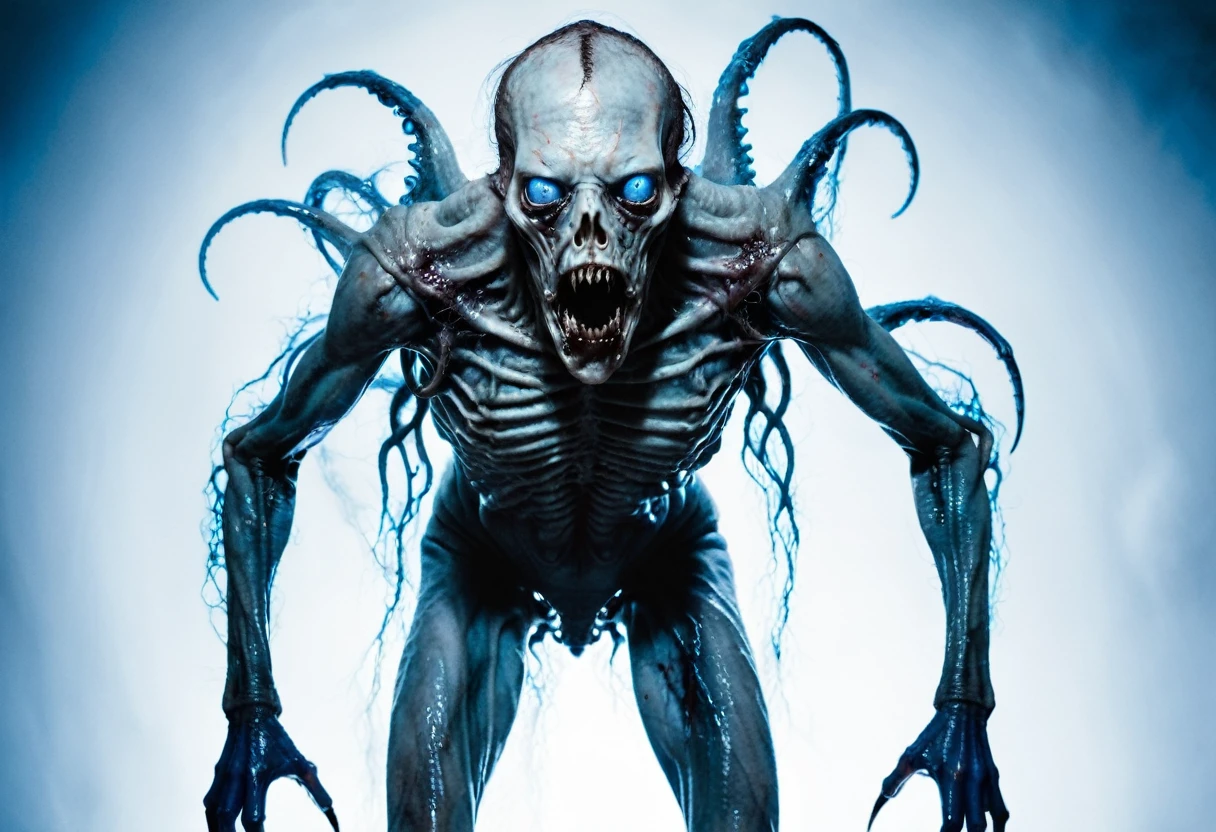 horor, simple background, Lovecraft, horrible, nasty, apavorante, full body, electric creature, composed of bizarre body, full of blue eyes and skin made of pure energy.