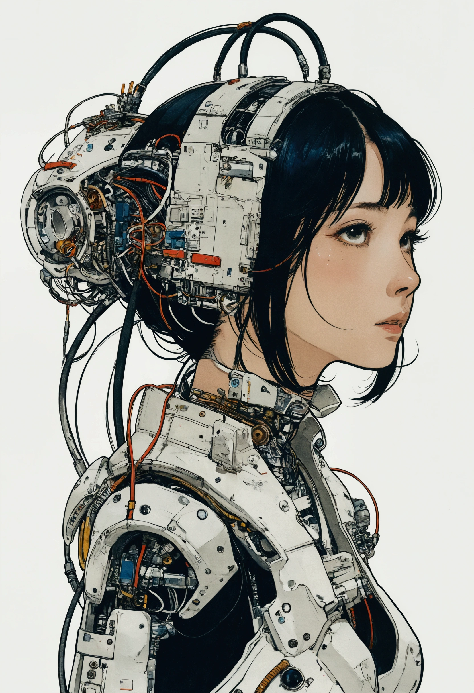 The Style of Kawanabe Kyosai、Female character design wearing a white cybernetic exoskeleton、Black Hair、Shortcuts、Concept Design Sheet、White background