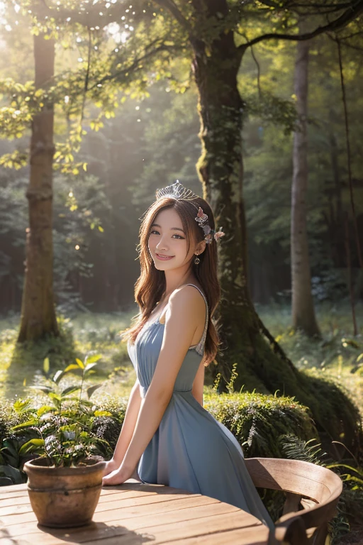 (((table top:1.4, highest quality)), (realistic pictures:1.4), 
((1 girl)), 
(超High resolution:1.2), very delicate and beautiful, wonderful, Highly detailed CG Unity 8k wallpaper, Super detailed, High resolution, 
soft light, beautiful detailed lady, highly detailed eyes and face, beautifully detailed nose, beautiful personality, 
(princess of fairyland:1.3), 
cinematic lighting, perfect anatomy, slender body, , 
(little house in the forest:1.3), 
cowboy shot, looking at the viewer, smile)