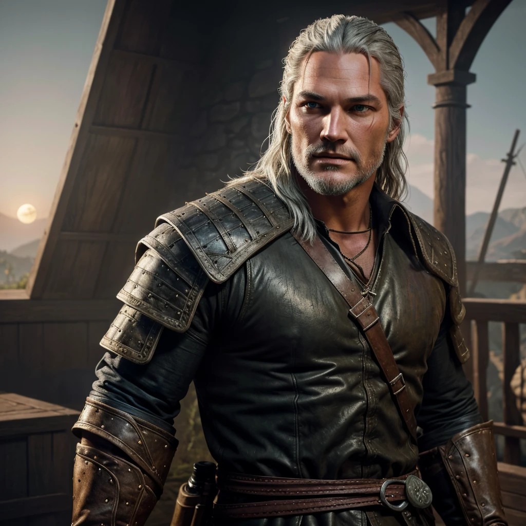 Portrait of actor Travis Fimmel as Geralt of Rivia at night, his face is illuminated by the full moon, he has a beard, model shooting style (extremely detailed CG unity 8k), full frame photography of the most beautiful work of art in the world, medieval witcher armor, professional majestic painting by Greg Rutkowski, trending on ArtStation, trending on CGSociety, intricate, highly detailed, clear focus, dramatic, photorealistic painting by Midjourney