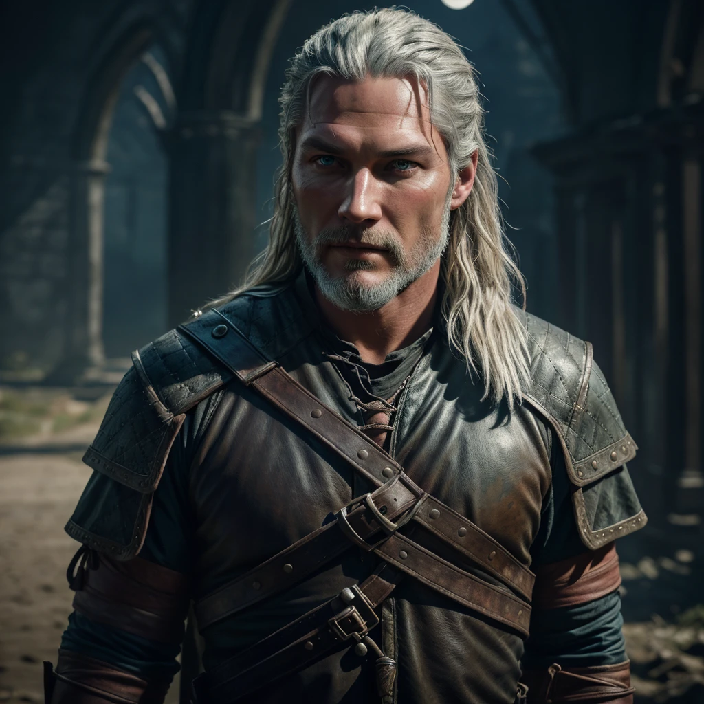 Portrait of actor Travis Fimmel as Geralt of Rivia at night, his face is illuminated by the full moon, he has a beard, model shooting style (extremely detailed CG unity 8k), full frame photography of the most beautiful work of art in the world, medieval witcher armor, professional majestic painting by Greg Rutkowski, trending on ArtStation, trending on CGSociety, intricate, highly detailed, clear focus, dramatic, photorealistic painting by Midjourney