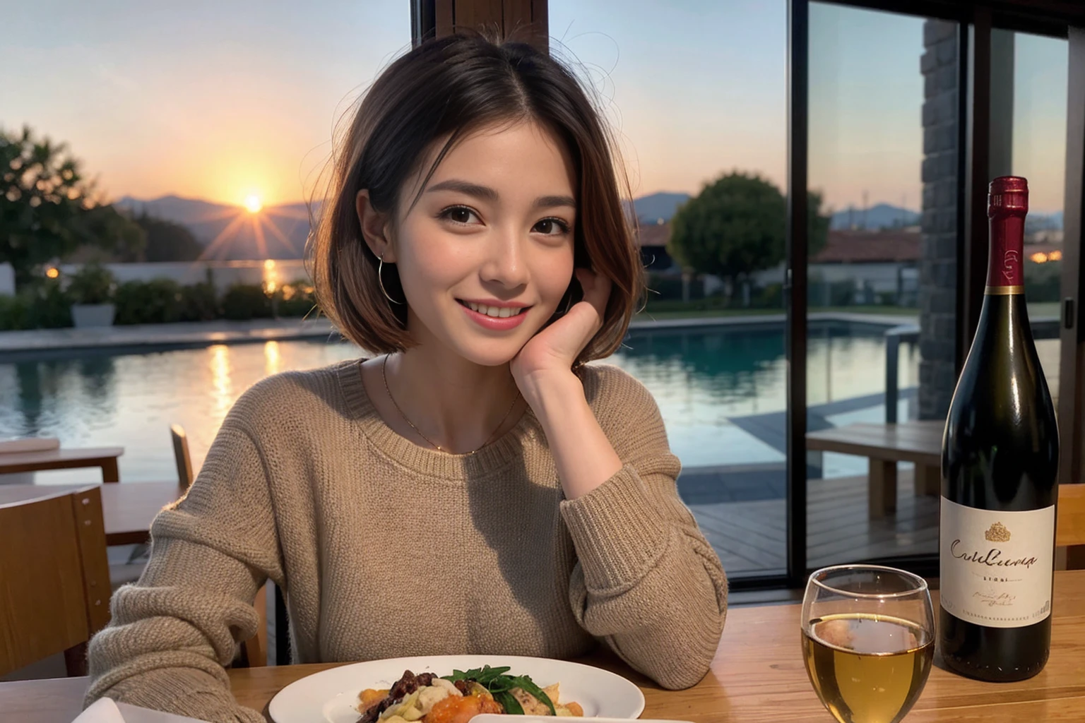 (Realistic:1.1),(masterpiece,Highest quality),8k,(40 years old), 42 years old, slimカップル、Model Couple、Actress/Actor、Tight waist,Upper Body,full-course dinner、wine 、Amazing view of the sunset sky and clouds、Perfect Anatomy, Brown Hair, Short Hair,Random Hairstyles,((Highly detailed face and eyes:1.2))(cute顔:1.4),Beautiful actress face,Perfect golden ratio face,Long sleeve shirt、dress,(smile:1.2)、Shortcuts、cute、(Realistic, Intricate details:1.2), A bright smile、short hair,Bright Face、赤wine 、Appetizers、Italian food、wine bottle、Champagne、スパークリングwine、(slimな顔), (The body is slim), (Brown Hair), (Shortcuts), Upper Body, 白wine, slim, wineグラス,
