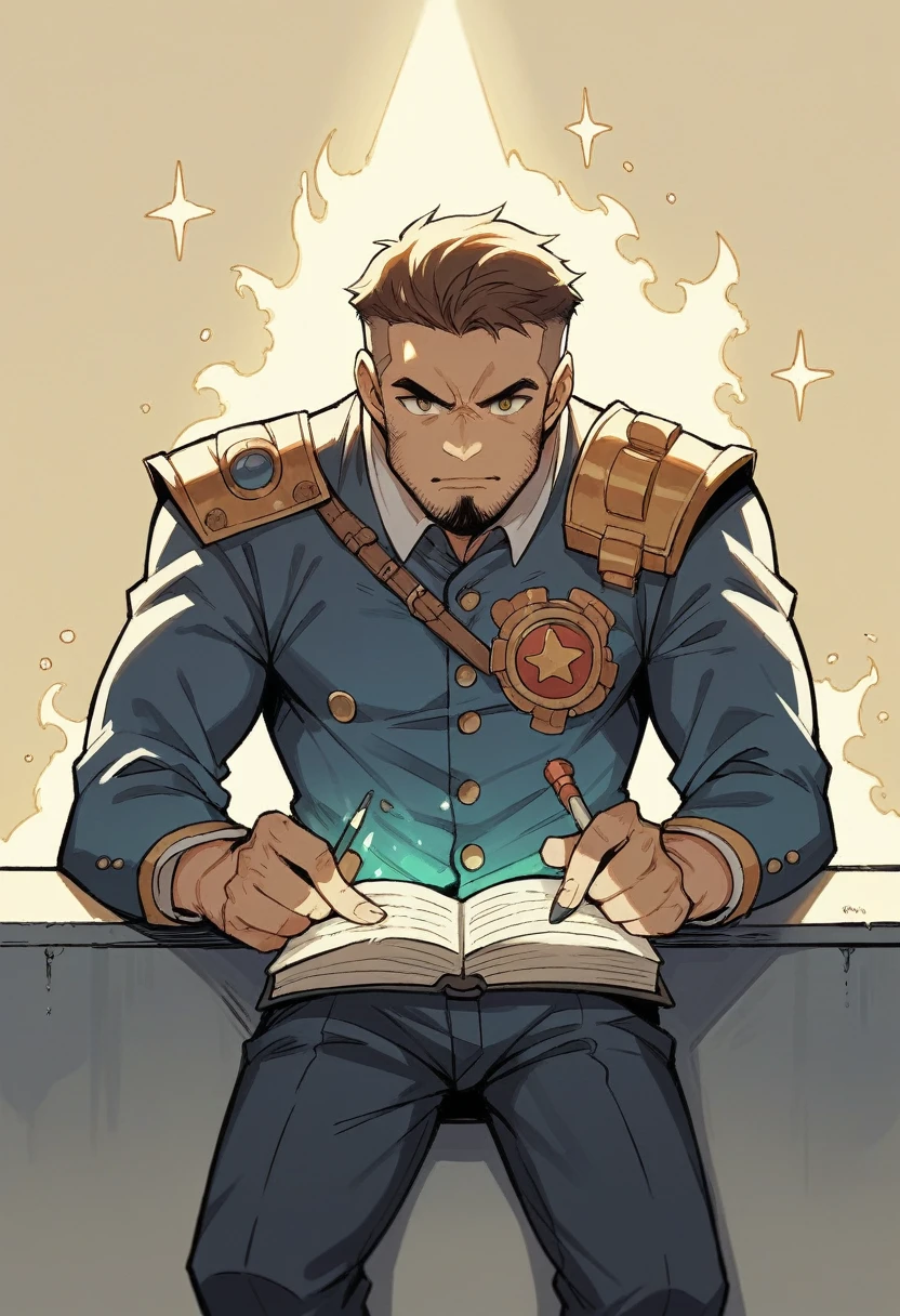 Draw a young programmer, sitting on a research platform floating in the middle of an asteroid belt. He is studying with a notebook, surrounded by several asteroids glowing with fiery auras. Dramatic lighting from distant stars and planets illuminates the scene, casting deep shadows on the suit. The young man looks confident and determined, looking at the vast and mysterious universe with wonder and respect,facial hair, cowboy shot,