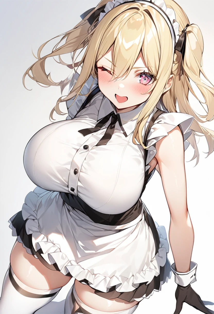 (One girl)、medium length hair、(sidelock)、((Blonde))、(slan eyes)、（boyish）、cute、(Big super )、((Chubby))、Maid、No sleeve、、White sleeveless、thigh-high socks thighhighs、(long gloves)、hairs between eyes、(coarse hair)、[flipped hair]、pink eye、say、one eye closed、arm behind back、two side up、White Background、