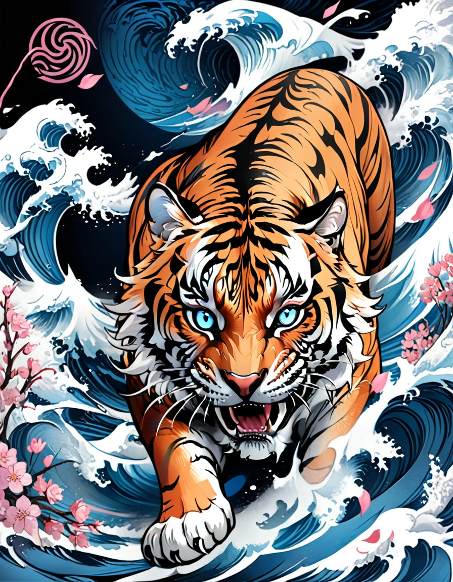 Traditional Japanese tattoo design, realistic tattoo art of Orange tiger with (((Blue eyes))) with pink sakura petal effect ,he is with open mouth looking very fierce and angry, the background is Japanese wave tattoo, (Unity 16K Wallpaper, masterpiece, Best Quality, high quality, Ultra-detailed, extremely details), a tattoo design, realistic tattoo art of Orange tiger with (((Blue eyes))) with pink sakura petal effect ,he is with open mouth looking very fierce and angry, the background is Japanese wave tattoo, upper arm tattoo,
