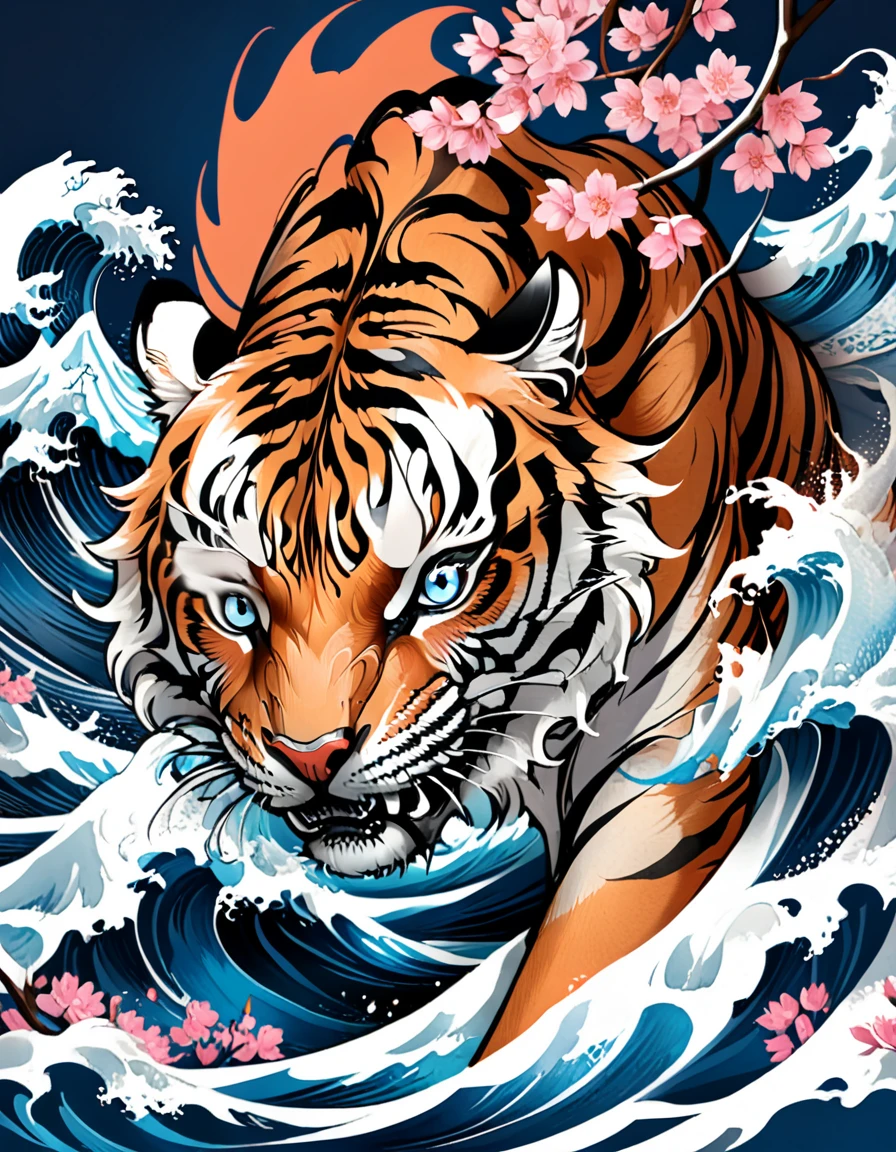 Traditional Japanese tattoo design, realistic tattoo art of Orange tiger with (((Blue eyes))) with pink sakura petal effect ,he is with open mouth looking very fierce and angry, the background is Japanese wave tattoo, (Unity 16K Wallpaper, masterpiece, Best Quality, high quality, Ultra-detailed, extremely details), a tattoo design, realistic tattoo art of Orange tiger with (((Blue eyes))) with pink sakura petal effect ,he is with open mouth looking very fierce and angry, the background is Japanese wave tattoo, upper arm tattoo,
