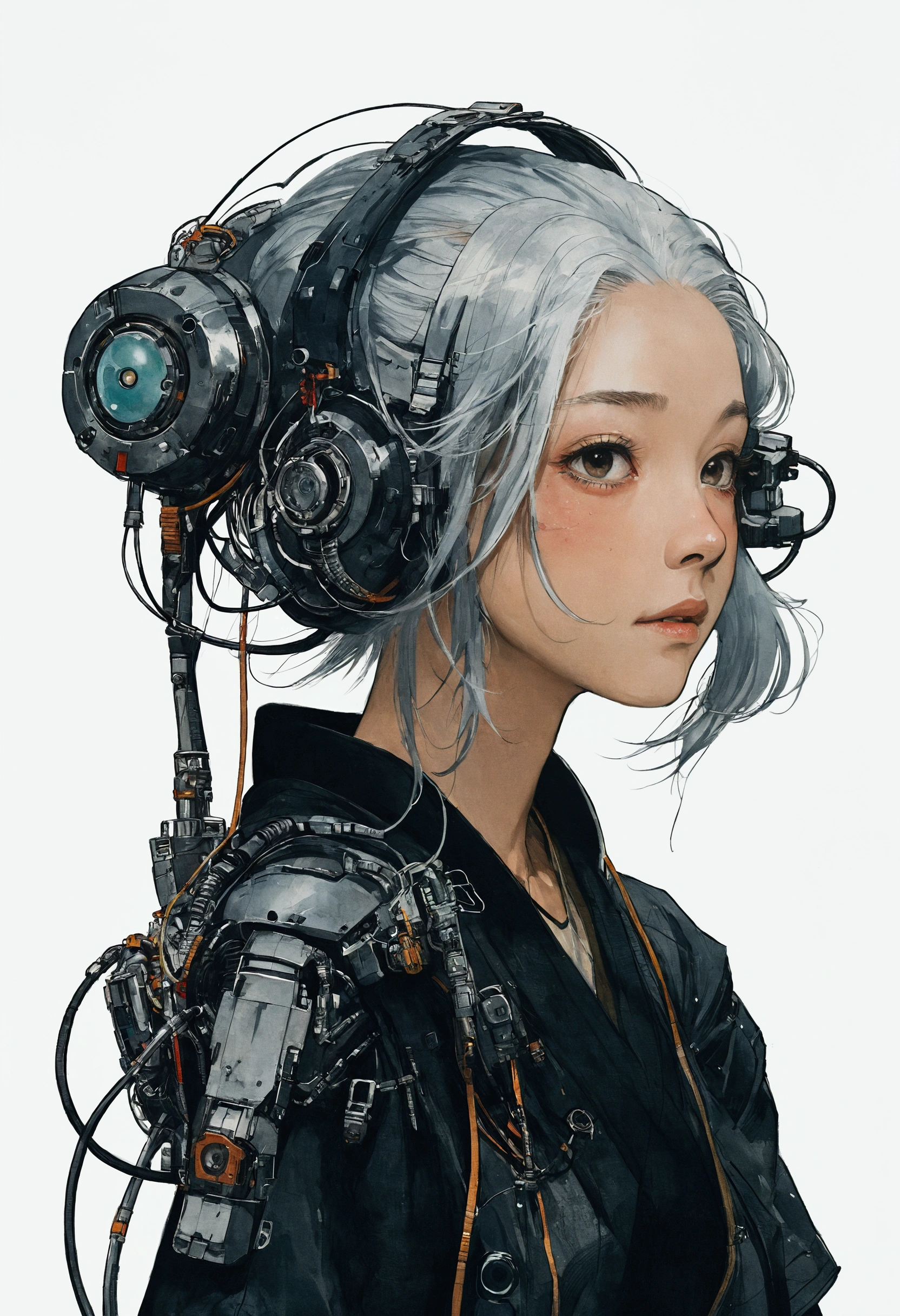 The Style of Kawanabe Kyosai、Female character design wearing a black cybernetic exoskeleton、Gray Hair、Hime cut、Concept Design Sheet、White background