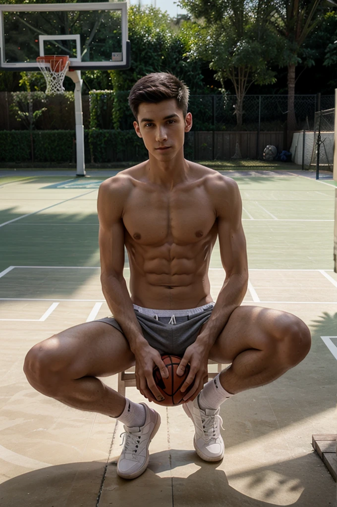 Shirtless skinny boy sitting on basket ball court