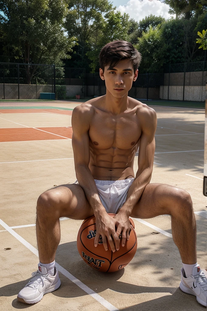 Shirtless skinny boy  sitting on basket ball court 