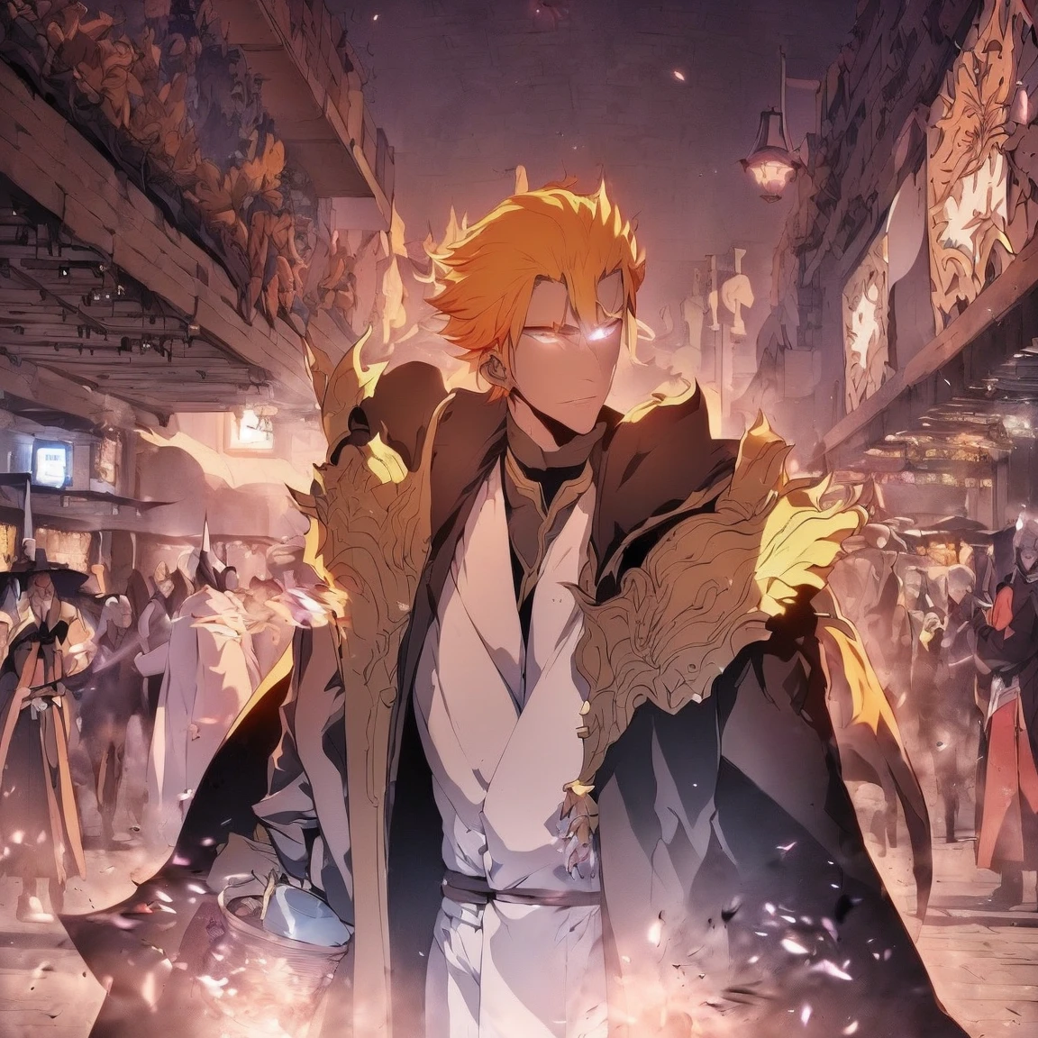 (Onmyoji theme)), (in 8K、top-quality、masterpiece:1.2)、Vampire、Cyberpunk men、fantasy worlds、dark backgrounds、Clean design、Magnificent Instagram、art stations、Colorful paint splatter、silhuette、Ultra-detailed intricate details、unrealengine、Fantasia、intricate detailes、Splash Screen、Complementary color scheme、Fantasy concept art、an oil painting、heavy strokes、Paint dripping、(isolated on white:1.3)、Rainbow skin、(((Handsome young man)))、(glowingblueeyes)、 ((Bright eye)), (( Spiky Hair, Yellow hair:1.1))), ((Black Millitary Coat)), (prinz\\(indifferent look\\),(Wearing a luxurious black robe with high detail))), Yellow-haired, Frost Rune magic, ((Wizard)).