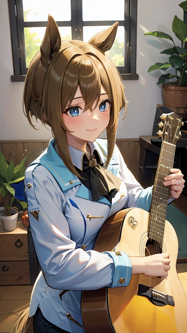 masterpiece, Highest quality, High resolution, Very detailed,(((Schwarzgran))), (((I have a guitar。)))、(((indoor)))、(((smile)))、(((window)))、sunny, Horse ears