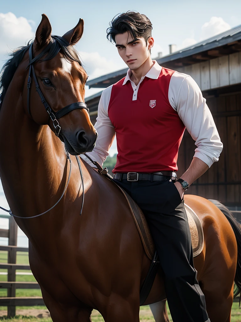 portrait headshot of a A tall handsome 27 year old man in a red and white long sleve polo shirt and white ridding pants and knee length  black boots. Holding a black horse by the harness with his left hand. He has black hair, brown eyes and light tan skin. He is muscular, athletic, and strong. In the background is a stable is a building in which livestock, especially horses, are kept.
