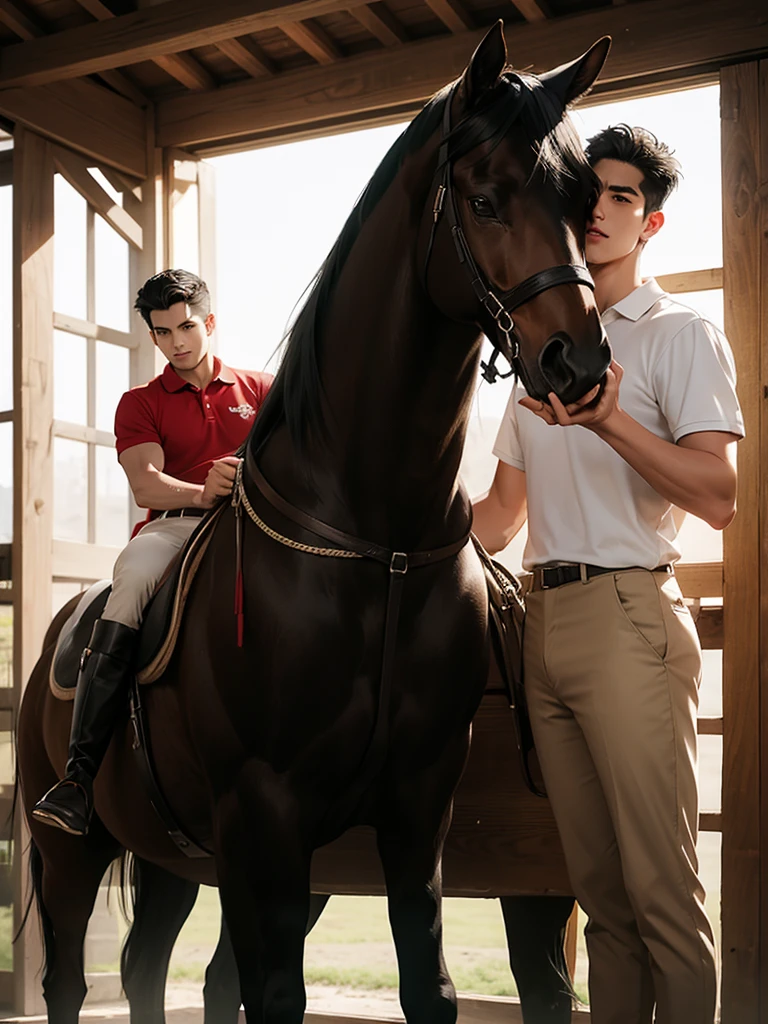 portrait headshot of a A tall handsome 27 year old man in a red and white long sleve polo shirt and white ridding pants and knee length black boots. Holding a black horse by the harness with his left hand. He has black hair, brown eyes and light tan skin. He is muscular, athletic, and strong. In the background is a stable is a building in which livestock, especially horses, are kept.