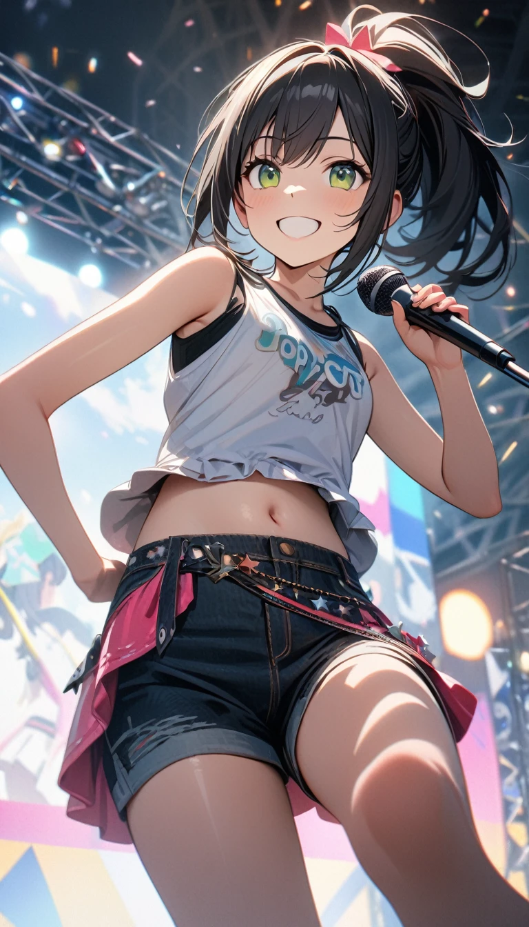 Young girl, long black hair, high ponytail, green eyes, smile, tank top, open belly, shorts, skirt, pop idol, Masterpiece, best quality, Full HD, 8k, ultra details, great graphic