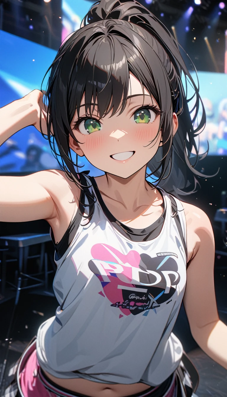 Young girl, long black hair, high ponytail, green eyes, smile, tank top, open belly, shorts, skirt, pop idol, Masterpiece, best quality, Full HD, 8k, ultra details, great graphic