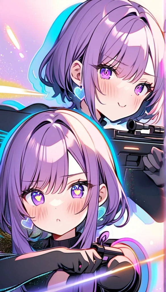 beautiful woman, black bodysuit, beam rifle that shoots pink hearts, aiming at the target, shooting, blushing cheeks, sharp gaze, glitter effect, pastel color effect, 2.5D, delicate and dynamic, ai hoshino, long hair, bangs, purple eyes, purple hair, symbol-shaped pupils,bbyorf, short hair with long locks, gold earrings,