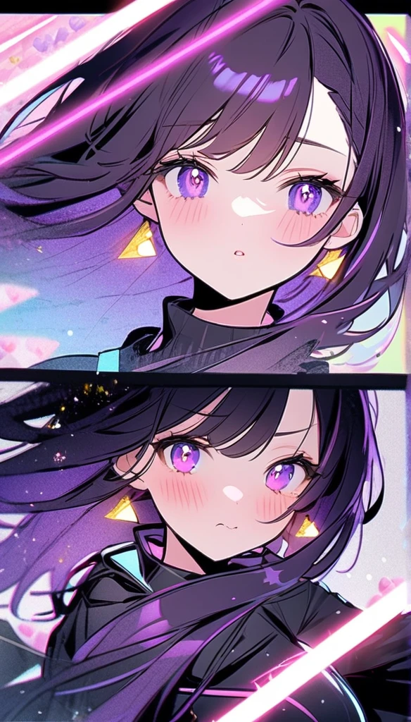 beautiful woman, black bodysuit, beam rifle that shoots pink hearts, aiming at the target, shooting, blushing cheeks, sharp gaze, glitter effect, pastel color effect, 2.5D, delicate and dynamic, ai hoshino, long hair, bangs, purple eyes, purple hair, symbol-shaped pupils,bbyorf, short hair with long locks, gold earrings,