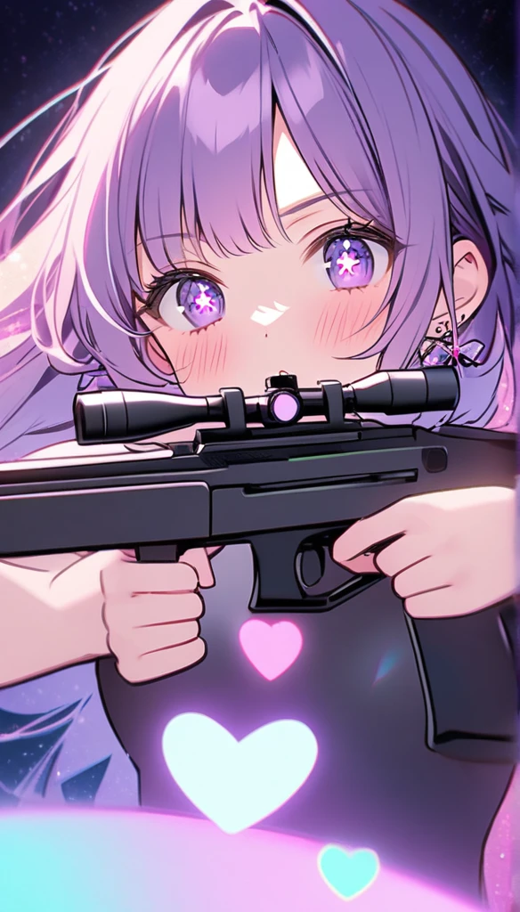 beautiful woman, black bodysuit, beam rifle that shoots pink hearts, aiming at the target, shooting, blushing cheeks, sharp gaze, glitter effect, pastel color effect, 2.5D, delicate and dynamic, ai hoshino, long hair, bangs, purple eyes, purple hair, symbol-shaped pupils,bbyorf, short hair with long locks, gold earrings,