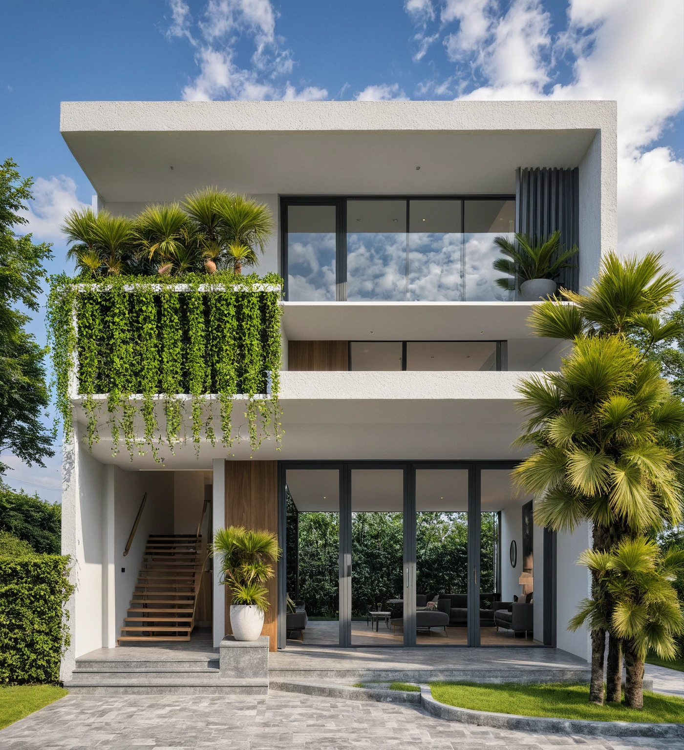 Masterpiece, high quality, best quality, authentic, super detail, outdoors, onestoreyvillaXL, aiaigroup, house style modern on the street ,stairs, white wall ,road,pavement, grass, trees, sky, cloud, (daylight:1.1)