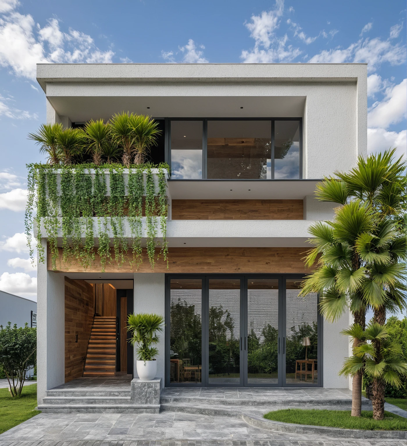 Masterpiece, high quality, best quality, authentic, super detail, outdoors, onestoreyvillaXL, aiaigroup, house style modern on the street ,stairs, white wall ,road,pavement, grass, trees, sky, cloud, (daylight:1.1)