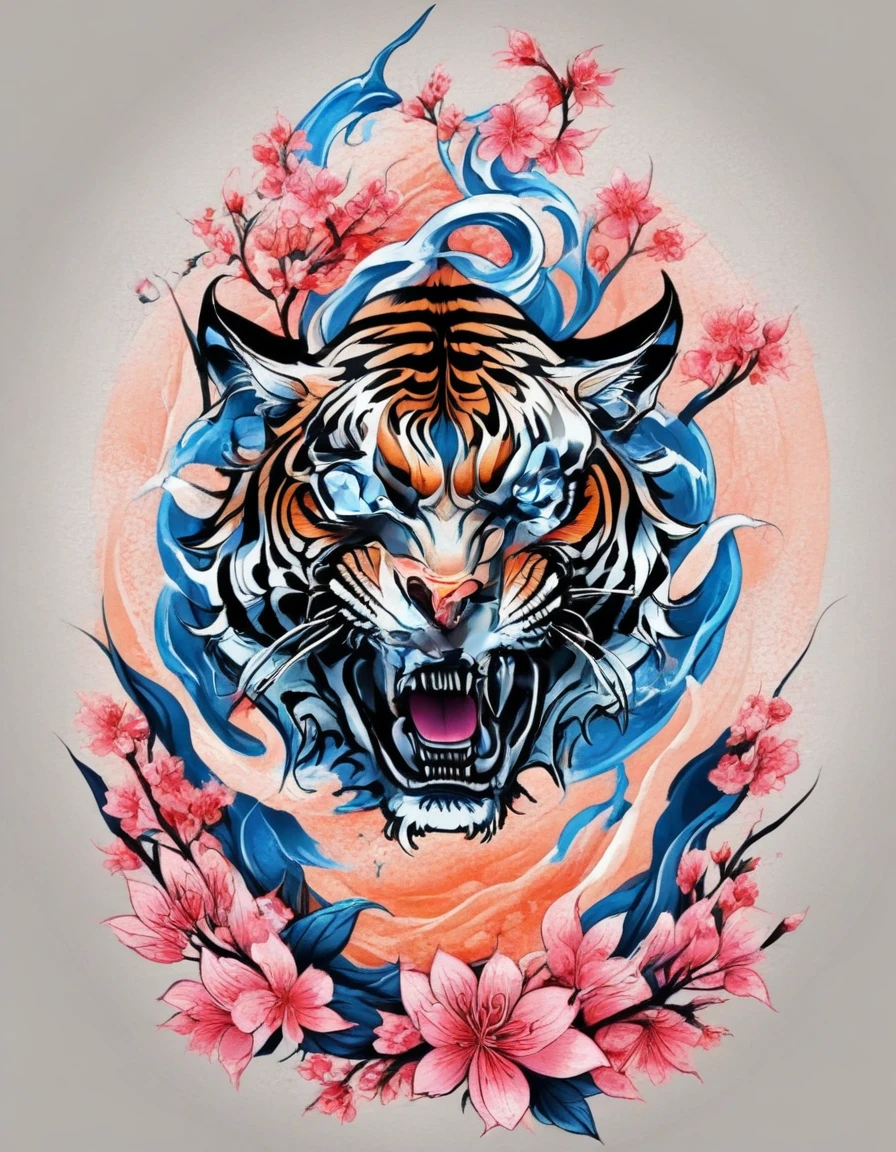 Traditional Japanese tattoo design, realistic tattoo art of Orange tiger with (((Blue eyes))) with pink sakura petal effect ,he is with open mouth looking very fierce and angry, the background is Japanese wave tattoo, (Unity 16K Wallpaper, masterpiece, Best Quality, high quality, Ultra-detailed, extremely details), a tattoo design, realistic tattoo art of Orange tiger with (((Blue eyes))) with pink sakura petal effect ,he is with open mouth looking very fierce and angry, the background is Japanese wave tattoo, upper arm tattoo,
