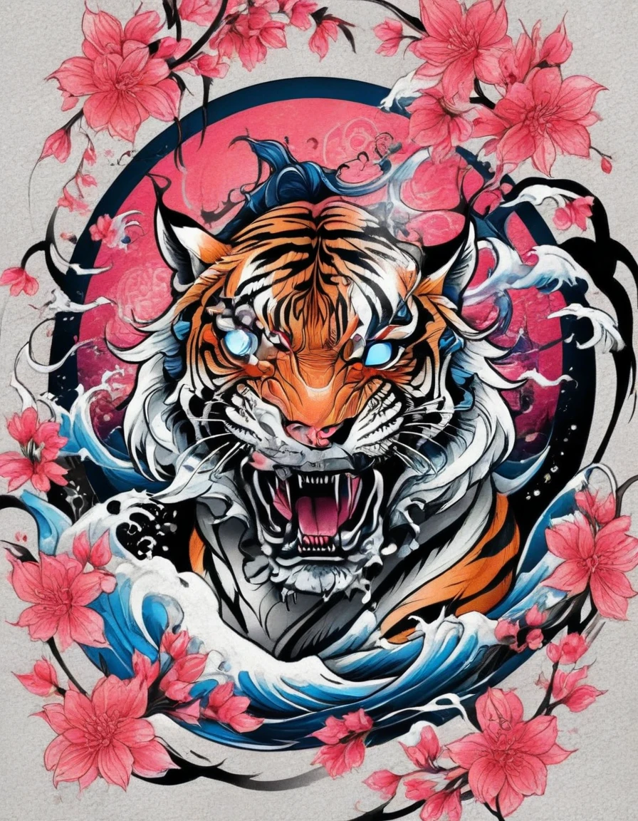 Traditional Japanese tattoo design, realistic tattoo art of Orange tiger with (((Blue eyes))) with pink sakura petal effect ,he is with open mouth looking very fierce and angry, the background is Japanese wave tattoo, (Unity 16K Wallpaper, masterpiece, Best Quality, high quality, Ultra-detailed, extremely details), a tattoo design, realistic tattoo art of Orange tiger with (((Blue eyes))) with pink sakura petal effect ,he is with open mouth looking very fierce and angry, the background is Japanese wave tattoo, upper arm tattoo,
