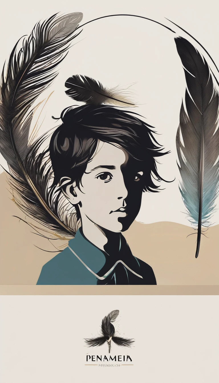 A minimalist, fantastic, poetic, dreamy, captivating, memorable, masterpiece, modern, simple logo design of a boy and a feather for the brand “Penamemoria". The logo must convey a sense of music, stories and dreams. Minimalistic logo design of a boy and a feather.