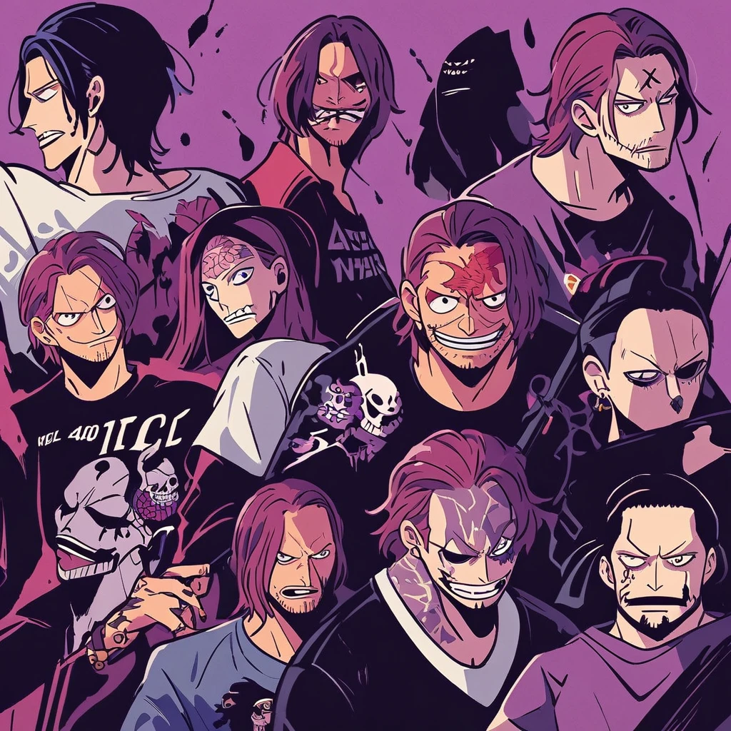 vector art, 1 male, shanks, one piece, 40 years old male, sitting in a stylish pose with his long sword, hair middle-parted down to nape length, evil laugh, street style, cool street wear vector art, t shirt design, shirt design vector, ink splash, actual facial elements and expressions from manga, take reference from actual anime shanks character design for three scars on left eye of the character and add too in the image. add scars and middle split hair design, full body shot.