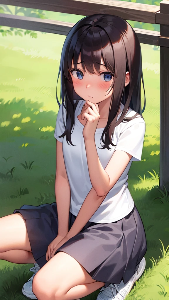 loli, black hair, blue eyes, blush, happy, grassfield, pee while while sit, small hips, thin legs, soft lighting, highest resolution, highest sharpness, best detailed, 8k