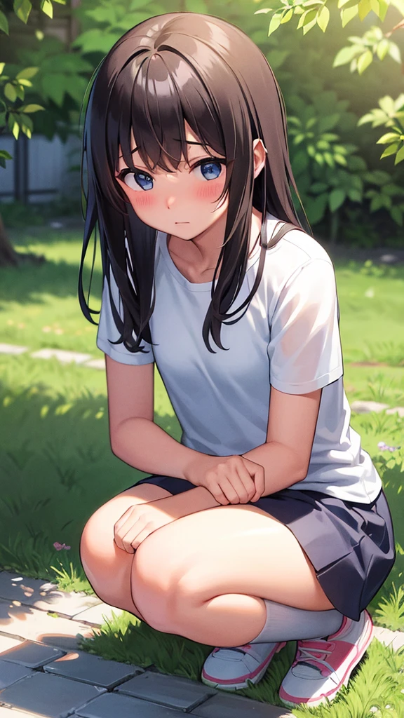 Girl、squat、Blushing、Grassland、Shadow of the Fence、Hold your crotch with one hand、Look at the ground