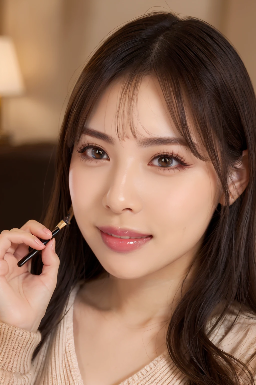 (Highest quality、whole body、8k、Best image quality、Award-winning works)、1 cute girl、(Perfect V-neck long knit summer sweater:1.3)、Red eyeshadow、Perfect Makeup、Long eyelashes、Ultra HD Shining Eyes、Ultra HD Hair、Glossy lipstick、Ultra-high resolution glossy lips、Super high resolution beautiful face、Brown Hair、Big Breasts、Cleavage、Accurate anatomy、(Face close-up:1.4)、Luxury Love Hotel、(The most atmospheric and warm lighting:1.1)、(Strongly blurred luxury love hotel background:1.2)