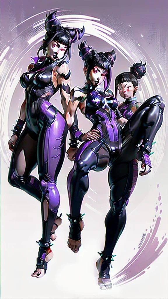 Full body image of Juri Han from Street Fighter 5, wearing her original outfit (black and purple bodysuit with spiked accents, barefoot with taped feet, and arm guards), short black hair styled in twin buns, female body, athletic and flexible body, dynamic pose, detailed pose, simple background, expressive face showing a mischievous grin, focus on face, line art, sketch