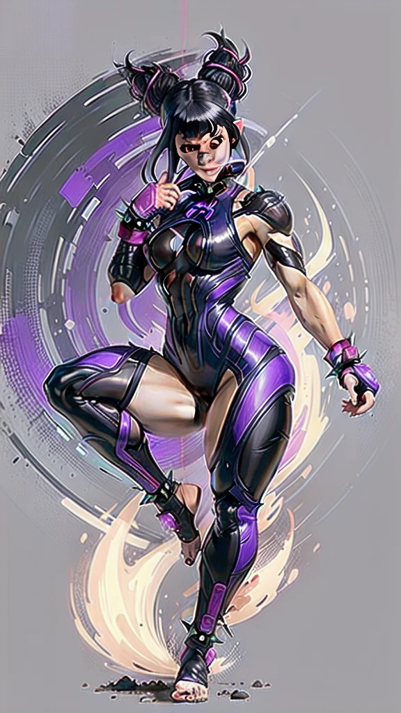 Full body image of Juri Han from Street Fighter 5, wearing her original outfit (black and purple bodysuit with spiked accents, barefoot with taped feet, and arm guards), short black hair styled in twin buns, female body, athletic and flexible body, dynamic pose, detailed pose, simple background, expressive face showing a mischievous grin, focus on face, line art, sketch