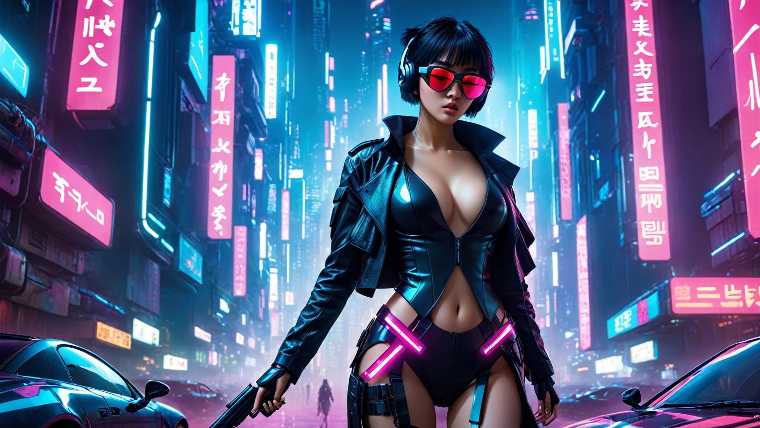 aerial view, dark night, A vast cyberpunk landscape set in Korea with ((flying cars)) and neon lights, in shades of pink, blue and red, (Matrix style cascading code), in the style of Blade Runner and Ghost In The Shell. (((((1girl, solo, alone))))), large-breast:1.2 slim body, cleavage:1.1, sexy miniskirt, ((((headphone, black sunglasses, standing and holding pistol pose)))), (((half-body thigh level medium shot))), cinematic lighting, lens flare, ray tracing.