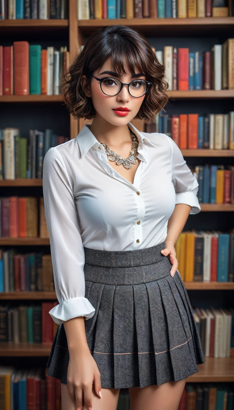 (((beautiful beautiful Isabela Merced, posing for uploadss, looking sexy, ruffled lips, Cabelo curto e curly, extremely pretty eyes))), ((wearing floral silver necklace)), realistic uploadsgraph, highy detailed, Foco do pointed, (Main lighting), (indoor bookstore environment), artwork, extremely pretty, Perfect beauty, (perfect shape body, Broad Hips, small waist, thick-thighs, firm abs, Body cute, knees, knees, focus on the knees, breasts small), cabelo curto com franja, short hair with bangs covering the forehead, cabelo curto com franja ((((short hair with bangs covering the forehead)))), ((30 years old)), (extremely detaild 8k wallpaper), ((face detailed)), (((wearing white shirt, microsaia curta de tweed, knees, knees, very short skirt)), (long dark eyelashes), (looking at the camera), (((cleavage))), (glamor model), (seductive facial expression) (((standing between high shelves full of books))), extremely detaild, artwork, Intricate details, highy detailed, Foco do pointed, skin detailed, realistic skin texture, texture, detailedeyes, high resolution, kodak vision color, uploads_\(ultra\), Post-processing, maximum detail, roughness, real-life, ultra realistic, uploadsrealism, uploadsgraphy, absurderes, RAW uploads, highest quallity, high detail RAW color uploads, professional uploads, extremely detaild UHD 8k wallpaper unit, best quality, high resolution, (artwork, maximum quality, high resolution:1.4), uploads, cinematic, film grain, pointed, soft natural light, magic uploadsgraphy, super verbose, ((whole body: legs 1.3)), librarian glasses, nerd glasses, ((pleated miniskirt: miniskirt 1.3)), unbuttoned blouse with cleavage, bellybutton, navel, cleavage