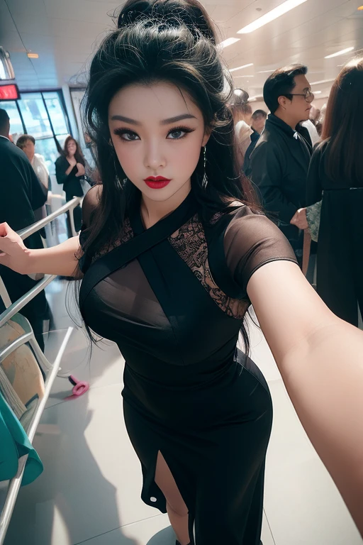 realisticlying, A high resolution, 1 rapariga, black color hair, korean people, eBlue eyes, The transparent cheongsam is flying,Sheer tight-fitting garments,Beads of sweat dripped down the buttocks,Large chest,Wide buttock, your ass,Butt visible,Visible on the back,buttocks visible,Ass pouted,wide wide shot,Cinema lenses,The skin glows,space ship,