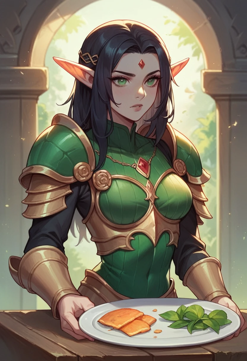 1girl,Ultra Detailed, Beautiful Beauty, Beautiful, Masterpiece, Best Quality, Half-Elf, Epic, Fantasy, Plate Armor, Dungeons and Dragons, Raven Black Hair, Emerald Green Eyes,