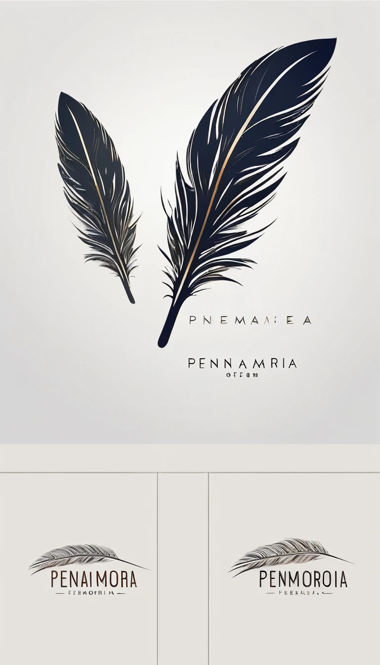 A minimal, modern, simple, poetic, cinematic, dreamy logo design of a fantastic feather for the brand “Penamemoria". Create a modern, minimalistic, high-quality, logo of a feather that convey a sense of memories and dreams. 