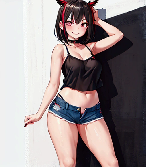 (masterpiece), best quality,  perfect face, rmtk, looking at viewer, black camisole, denim, short shorts, standing, light smile, mitake_ran_bangdream, slender, posing