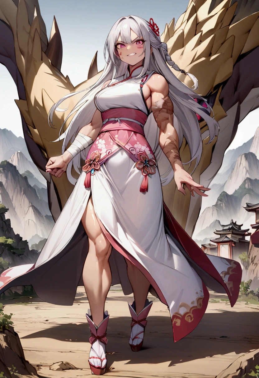 High quality, Masterpiece, 1 girl, cherry blossom dragon design, muscle, Shiny white hair, Dragon Mountain, pink eyes, Braid on the right side, cherry blossom clothing, angry smile, Scar on right cheek, bandage on arm, full body, pink belt 