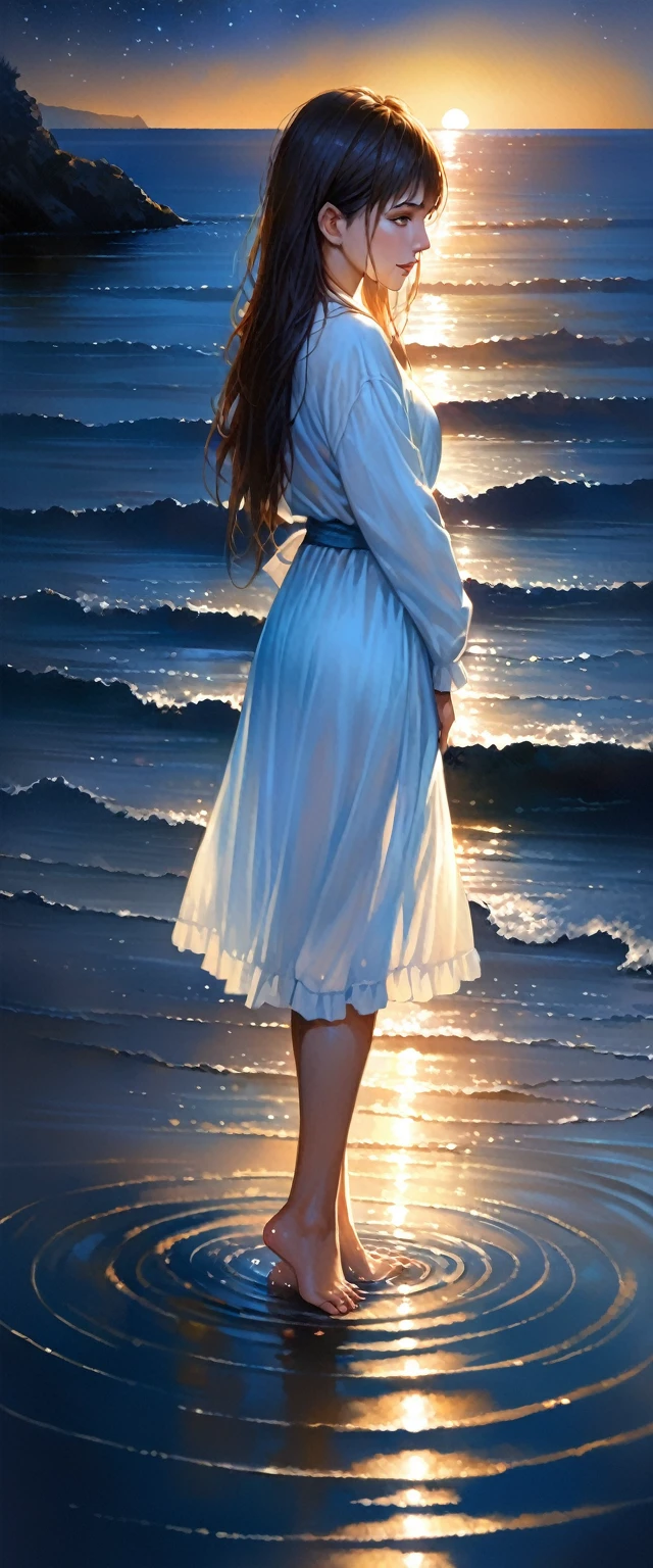 (close:1.4)、(RAW Photos:1.2)、(Realistic:1.4)、(masterpiece:1.3)、(Highest quality:1.4)、Japanese Girls、(Night view:1.2)、Light clothing、pretty girl、Step into the sea、landscape、Between the horizon and the sea、Side view、Ripples spreading from the toes、Standing about 20 meters away、On the Sea、The whole scene is Shiny O's、illumination、