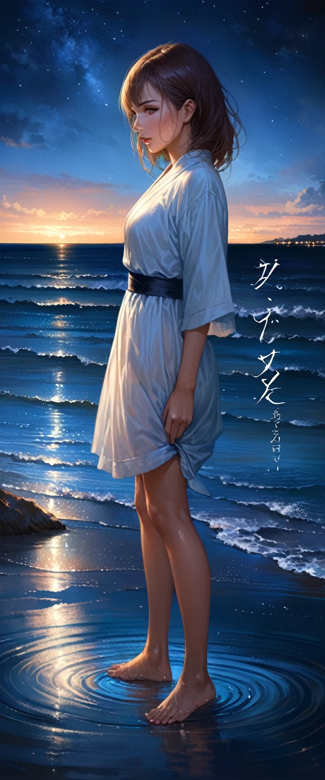 (close:1.4)、(RAW Photos:1.2)、(Realistic:1.4)、(masterpiece:1.3)、(Highest quality:1.4)、Japanese Girls、(Night view:1.2)、Light clothing、pretty girl、Step into the sea、landscape、Between the horizon and the sea、Side view、Ripples spreading from the toes、Standing about 20 meters away、On the Sea、The whole scene is Shiny O's、illumination、