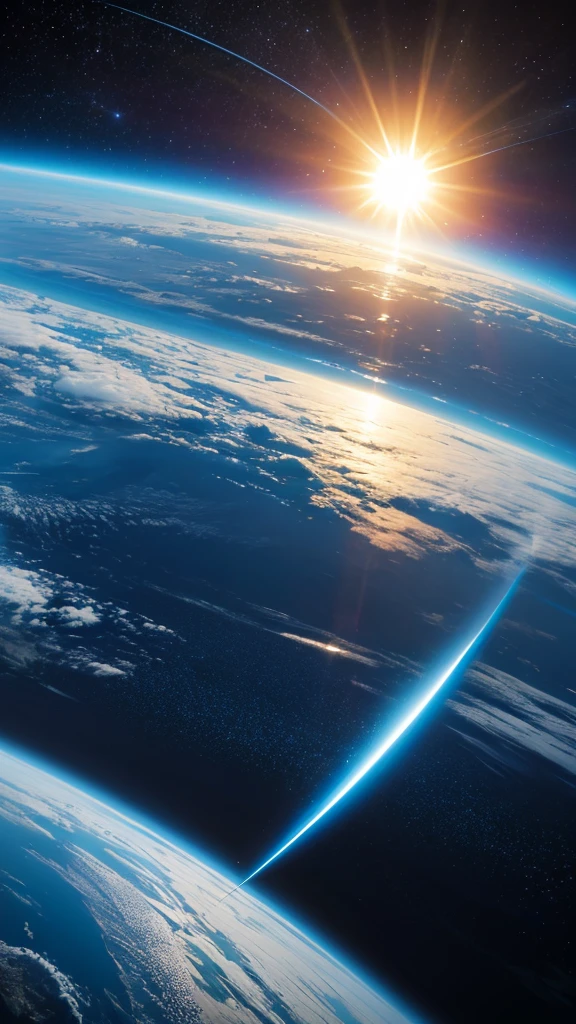 futuristic, 4K, sun in the background, evolution, neon, vivid blue, nostalgia, look from space , paisagem