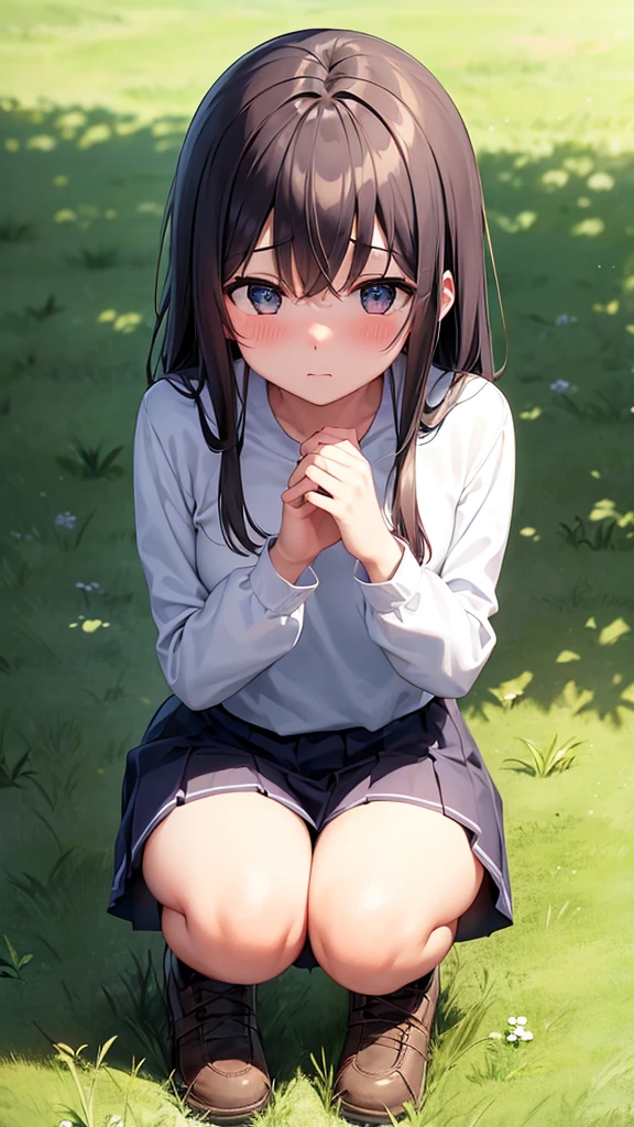 Girl、squat、Blushing、Grassland、Shadow of the Fence、Hold your crotch with one hand、Look at the ground